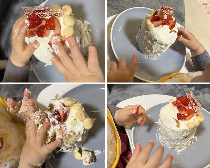 ケーキのような食べ物を食べる幼児