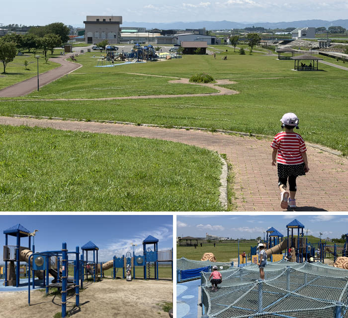 岩沼海浜緑地南ブロックの風景と設置された大型遊具