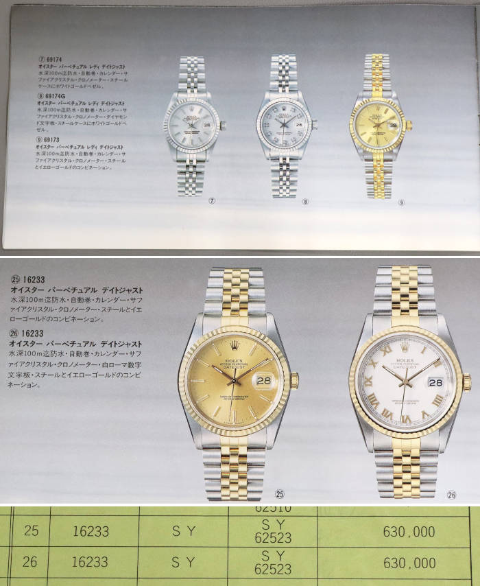 カタログのデイトジャストが表示されているページと販売価格をまとめた画像